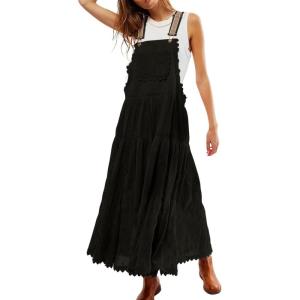 imageCHARTOU Women Bib Overall Dress Jumper Babydoll Pinafore Dress Embroidered Lace Maternity Straps Suspender DressBlack