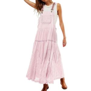 imageCHARTOU Women Bib Overall Dress Jumper Babydoll Pinafore Dress Embroidered Lace Maternity Straps Suspender DressPink