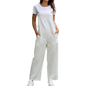 imageCHARTOU Women Bib Overalls Baggy Wide Leg Jumpsuit Casual Overalls Work Rompers Long PantsWhite