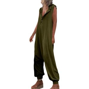 imageCHARTOU Women Button Sleeveless Jumpsuit Hooded Romper Lounge Romper Pants Harem Jumpsuit Cargo PocketsArmy Green