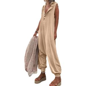imageCHARTOU Women Button Sleeveless Jumpsuit Hooded Romper Lounge Romper Pants Harem Jumpsuit Cargo PocketsBeige