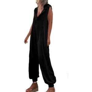imageCHARTOU Women Button Sleeveless Jumpsuit Hooded Romper Lounge Romper Pants Harem Jumpsuit Cargo PocketsBlack