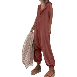 imageCHARTOU Women Button Sleeveless Jumpsuit Hooded Romper Lounge Romper Pants Harem Jumpsuit Cargo PocketsBrick Red
