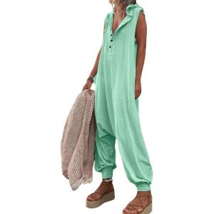 imageCHARTOU Women Button Sleeveless Jumpsuit Hooded Romper Lounge Romper Pants Harem Jumpsuit Cargo PocketsBright Green