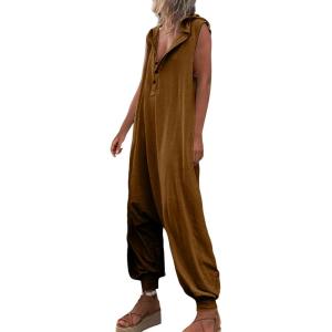 imageCHARTOU Women Button Sleeveless Jumpsuit Hooded Romper Lounge Romper Pants Harem Jumpsuit Cargo PocketsCaramel