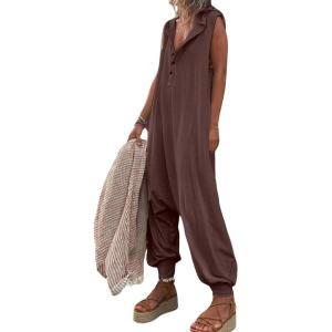 imageCHARTOU Women Button Sleeveless Jumpsuit Hooded Romper Lounge Romper Pants Harem Jumpsuit Cargo PocketsDark Purple