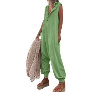 imageCHARTOU Women Button Sleeveless Jumpsuit Hooded Romper Lounge Romper Pants Harem Jumpsuit Cargo PocketsGreen B