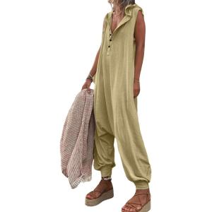 imageCHARTOU Women Button Sleeveless Jumpsuit Hooded Romper Lounge Romper Pants Harem Jumpsuit Cargo PocketsKhaki