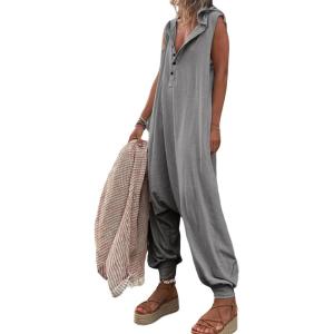 imageCHARTOU Women Button Sleeveless Jumpsuit Hooded Romper Lounge Romper Pants Harem Jumpsuit Cargo PocketsLight Grey