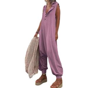imageCHARTOU Women Button Sleeveless Jumpsuit Hooded Romper Lounge Romper Pants Harem Jumpsuit Cargo PocketsLight Purple