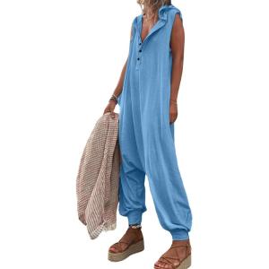 imageCHARTOU Women Button Sleeveless Jumpsuit Hooded Romper Lounge Romper Pants Harem Jumpsuit Cargo PocketsPeacock Blue