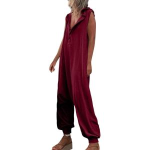 imageCHARTOU Women Button Sleeveless Jumpsuit Hooded Romper Lounge Romper Pants Harem Jumpsuit Cargo PocketsWine Red