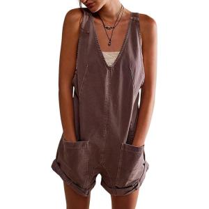 imageCHARTOU Women Casual Denim Short Overalls Rolled Cuff Barrel Shorts Jumpsuit RompersBrown