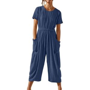 imageCHARTOU Women Casual Linen Short Sleeve Cropped Jumpsuit with Pockets Wide Leg Elastic Waist Summer RomperBlue