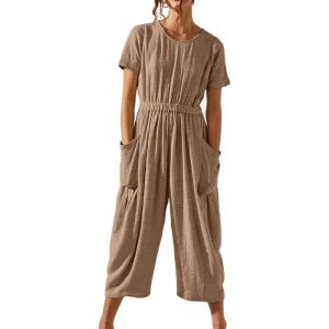 imageCHARTOU Women Casual Linen Short Sleeve Cropped Jumpsuit with Pockets Wide Leg Elastic Waist Summer RomperKhaki