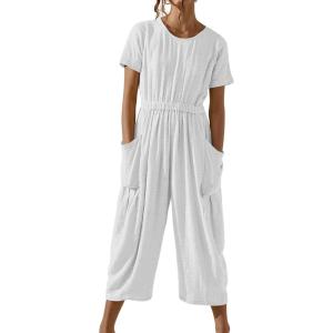 imageCHARTOU Women Casual Linen Short Sleeve Cropped Jumpsuit with Pockets Wide Leg Elastic Waist Summer RomperWhite