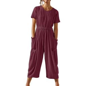 imageCHARTOU Women Casual Linen Short Sleeve Cropped Jumpsuit with Pockets Wide Leg Elastic Waist Summer RomperWine Red