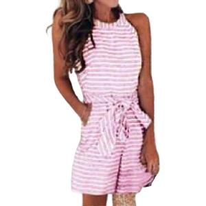 imageCHARTOU Women Casual Sleeveless Striped Jumpsuit Halter Neck Short Romper Pants Wide Leg Overalls Tie with PocketPink