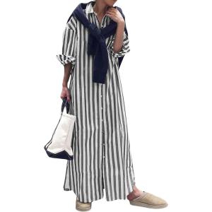 imageCHARTOU Women Casual Striped Shirt Dress Button Down Long Sleeve Kaftan Long Flowy Dress Cardigan Kimono Shift DressBlack