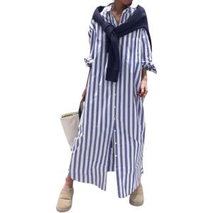 imageCHARTOU Women Casual Striped Shirt Dress Button Down Long Sleeve Kaftan Long Flowy Dress Cardigan Kimono Shift DressBlue