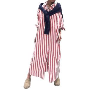imageCHARTOU Women Casual Striped Shirt Dress Button Down Long Sleeve Kaftan Long Flowy Dress Cardigan Kimono Shift DressRed