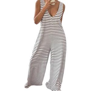 imageCHARTOU Women Casual Striped Sleeveless Tank Jumpsuits Color Block Loose Wide Leg Romper Flowy Palazzo PantsWhite