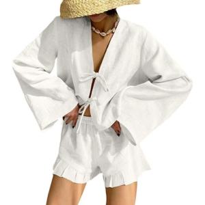 imageCHARTOU Women Cotton Linen Two Piece Outfits Tie Front Shirt and Ruffle Shorts Matching Lounge SetsApricot