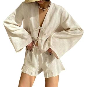 imageCHARTOU Women Cotton Linen Two Piece Outfits Tie Front Shirt and Ruffle Shorts Matching Lounge SetsKhaki