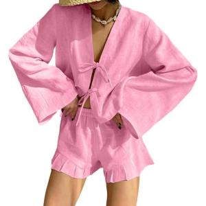 imageCHARTOU Women Cotton Linen Two Piece Outfits Tie Front Shirt and Ruffle Shorts Matching Lounge SetsPink