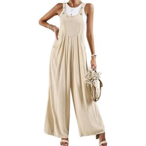 imageCHARTOU Women Cotton Wide Leg Overalls Jumpsuits Linen Loose Bib Romper One Piece Straps Flowy Palazzo Jumpsuit PocketApricot