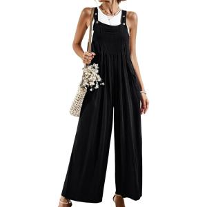 imageCHARTOU Women Cotton Wide Leg Overalls Jumpsuits Linen Loose Bib Romper One Piece Straps Flowy Palazzo Jumpsuit PocketBlack
