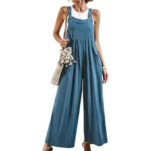 imageCHARTOU Women Cotton Wide Leg Overalls Jumpsuits Linen Loose Bib Romper One Piece Straps Flowy Palazzo Jumpsuit PocketLake Blue