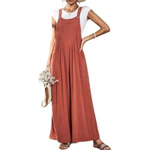 imageCHARTOU Women Cotton Wide Leg Overalls Jumpsuits Linen Loose Bib Romper One Piece Straps Flowy Palazzo Jumpsuit PocketOrange Red