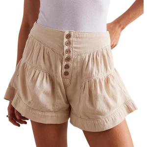 imageCHARTOU Women Cute Ruffle Hem Denim Short High Waist Wide Leg Jean Shorts Flare Stretchy Short with PocketsApricot