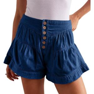 imageCHARTOU Women Cute Ruffle Hem Denim Short High Waist Wide Leg Jean Shorts Flare Stretchy Short with PocketsDark Blue
