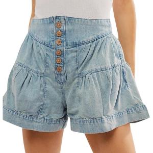 imageCHARTOU Women Cute Ruffle Hem Denim Short High Waist Wide Leg Jean Shorts Flare Stretchy Short with PocketsLight Blue
