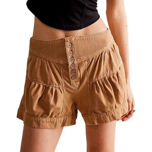 imageCHARTOU Women Cute Ruffle Hem Denim Short High Waist Wide Leg Jean Shorts Flare Stretchy Short with PocketsLight Brown