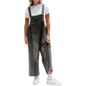 imageCHARTOU Women Distressed Strap Denim Bib Overall Baggy Cropped Ripped Jeans Jumpsuit Wide Leg Pants PocketsBlack