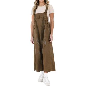 imageCHARTOU Women Distressed Strap Denim Bib Overall Baggy Cropped Ripped Jeans Jumpsuit Wide Leg Pants PocketsCoffee
