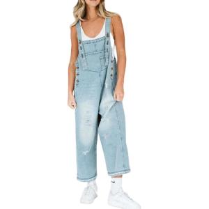 imageCHARTOU Women Distressed Strap Denim Bib Overall Baggy Cropped Ripped Jeans Jumpsuit Wide Leg Pants PocketsLight Blue