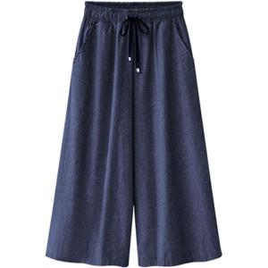 imageCHARTOU Women Elastic Waist Wide Leg Capris Cropped Denim Pants Jeans Palazzo Culottes with PocketDark Blue