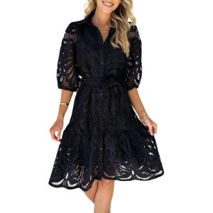 imageCHARTOU Women Elegant Lace Lined Short Shirt Dress Puff Sleeve Cut Out Button Down Mini DressBlack