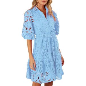 imageCHARTOU Women Elegant Lace Lined Short Shirt Dress Puff Sleeve Cut Out Button Down Mini DressBlue