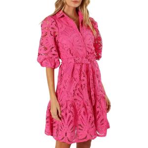 imageCHARTOU Women Elegant Lace Lined Short Shirt Dress Puff Sleeve Cut Out Button Down Mini DressRose