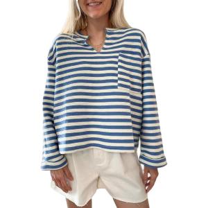 imageCHARTOU Women Lightweight Stripe Sweatshirt V Neck Long Sleeve Back Button Oversized Pullover TopsBlue