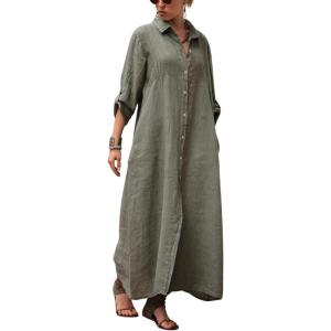 imageCHARTOU Women Long Button Down Dress RollUp Front Pleats Casual Loose Shirt Maxi DressesGreen