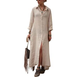 imageCHARTOU Women Long Button Down Dress RollUp Front Pleats Casual Loose Shirt Maxi DressesKhaki
