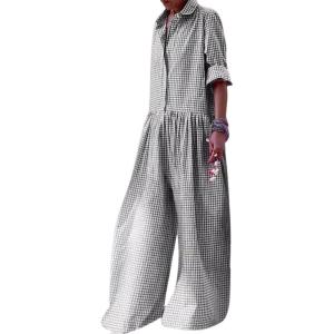 imageCHARTOU Women Long Sleeve Plaid Jumpsuit Casual Button Up Shirt Pleated Wide Leg Long Pants Overalls RomperBlack