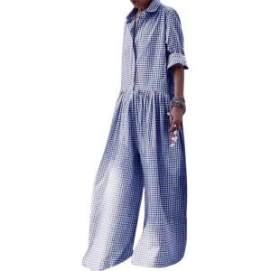imageCHARTOU Women Long Sleeve Plaid Jumpsuit Casual Button Up Shirt Pleated Wide Leg Long Pants Overalls RomperBlue
