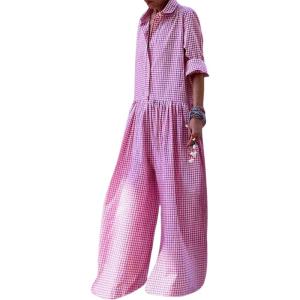 imageCHARTOU Women Long Sleeve Plaid Jumpsuit Casual Button Up Shirt Pleated Wide Leg Long Pants Overalls RomperPink